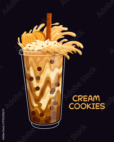 Cartoon milk bubble tea drink glass with splash. Takeout cafe boba cocktail vector cup, fast food milk smoothie beverage. Takeaway bubble tea drink with cream cookies, chocolate splash and straw
