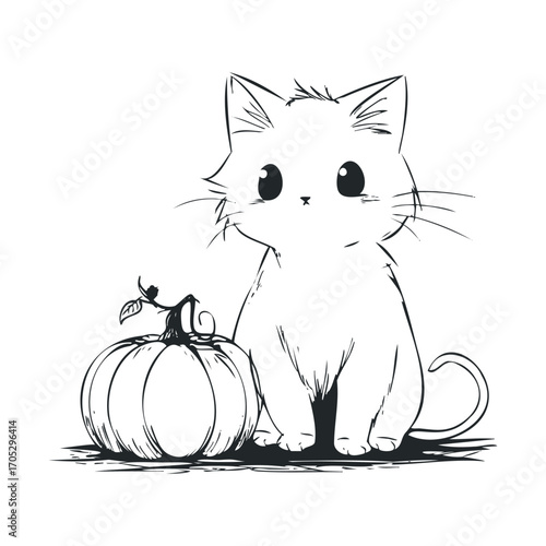 A cute, stylized kitten sitting next to a pumpkin.