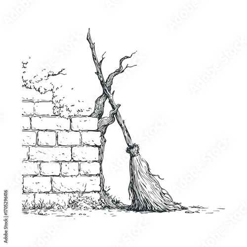 A gnarled witch's broomstick leaning against a brick wall.
