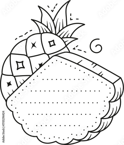 Natural pineapple fruit kids memo note frame. Kids education vector schedule, children scrapbook page linear template. Tasty tropical fruit child diary memo note frame with whole pineapple and slice