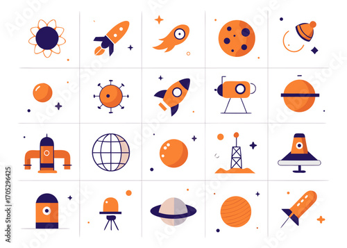 Modern flat icons representing space exploration and celestial bodies