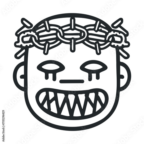 A grotesque head with sharp teeth and a barbed wire crown.