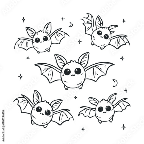 A group of five adorable, spooky bats in flight.