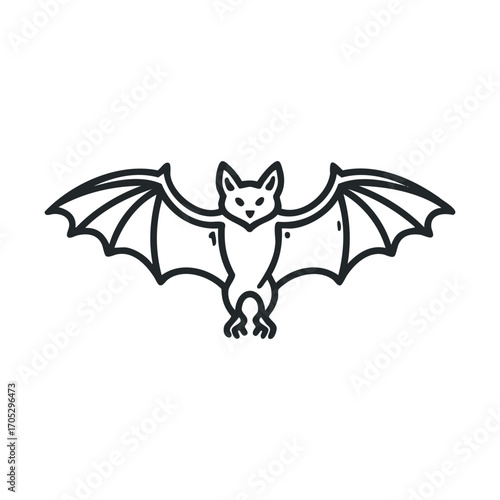 A line drawing of a flying bat with its wings spread.