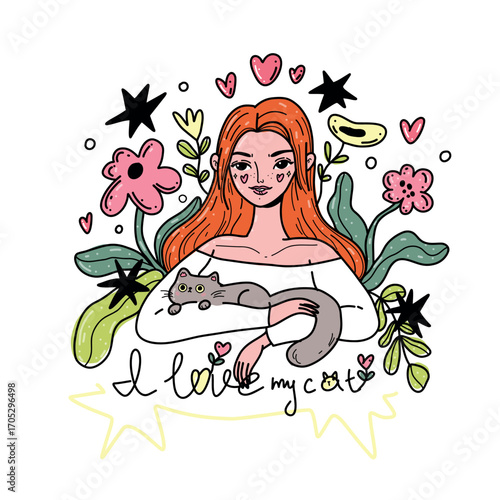 Cute vector illustration of a girl affectionately hugging her cat. A warm, peaceful, and charming illustration with soft details.