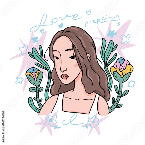 Vector flat illustration depicting an Asian girl with piercings in her ears and nose, near her lip, earrings, and steel rings. Skin decoration on a white background with flowers and stars.