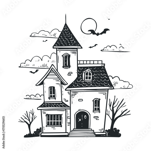 A drawing of a spooky, multi-level haunted house with bats flying.