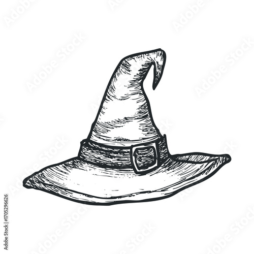 A drawing of a pointed witch's hat with a belt-like band.