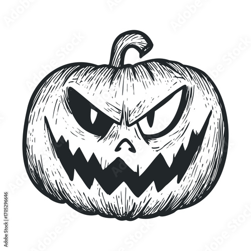 A spooky carved pumpkin with an evil, menacing grin.