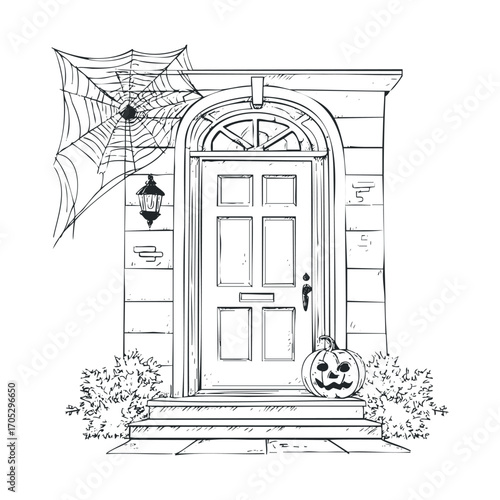 A drawing of a spooky decorated house entrance with a carved pumpkin.
