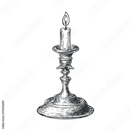 A line drawing of a lit candle in an ornate candlestick.