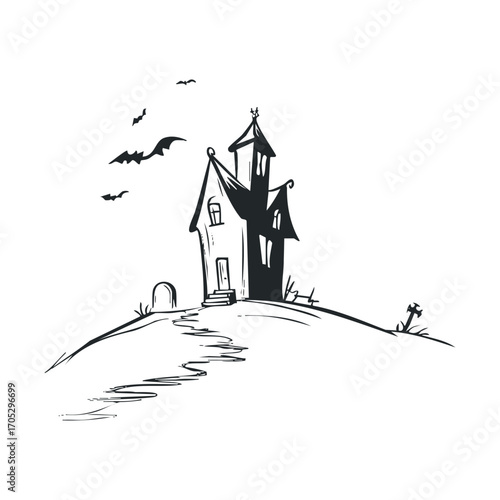 A line drawing of a haunted house on a hill with bats.
