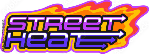 Street car speed race Y2K retro sticker or print. Rally competition Y2K vector tag, drag race grand prix patch. Speed racing championship sticker with fire flames and street heat typography text
