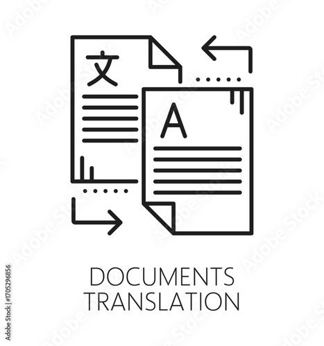 English language document translation line icon or emblem. Foreign vocabulary outline vector symbol, speech dictionary sign. English language translation thin line pictogram with two documents pages