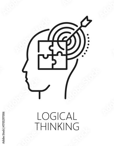 Logical thinking cognitive ability line icon or symbol. Mental capability outline vector pictogram, brain function symbol. Logical thinking cognitive ability sign with target and puzzle in human head