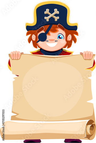 Kid boy pirate character with scroll parchment in vector captain corsair hat costume. Cartoon cute little kid pirate character with black eye patch and tricorn hat holding blank old paper scroll