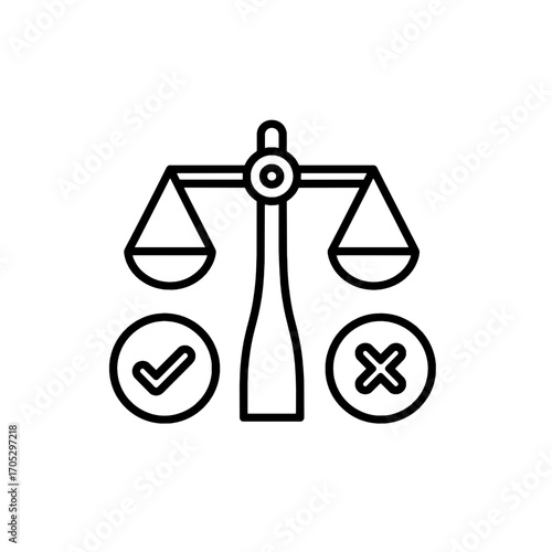 Ethics and decision making balance scale icon with checkmark and cross symbols representing pros and cons evaluation