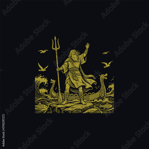 engraving of Njord, the Norse god of the sea and win. Vector template illustration