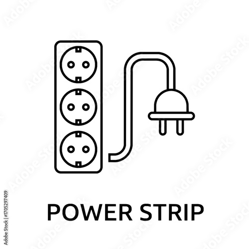 Power strip line icon with electrical plug and multiple sockets. Vector extension cord symbol for energy and technology concepts