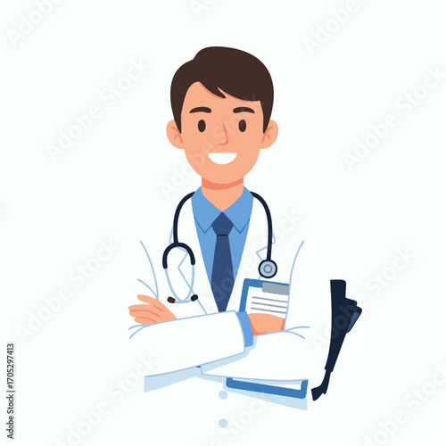 Friendly male doctor character illustration depicting a caring medical professional in uniform, ready to provide expert healthcare advice and support