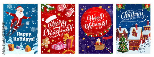 Christmas posters and greeting cards, vector Xmas winter holidays. Cartoon Xmas town house street, Santa Claus character skiing in snow forest and flying on hot air balloon, Christmas posters set