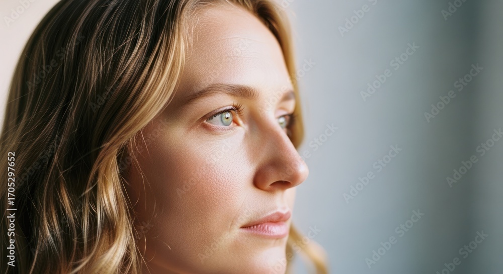 Fototapeta premium Woman profile, gazing off; curly blonde hair and fair skin, soft lighting
