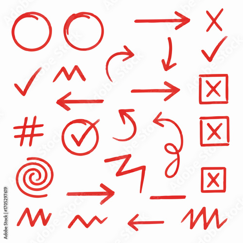 Collection of hand-drawn red arrow and check mark icons, abstract graphic symbols, and doodles on a white background