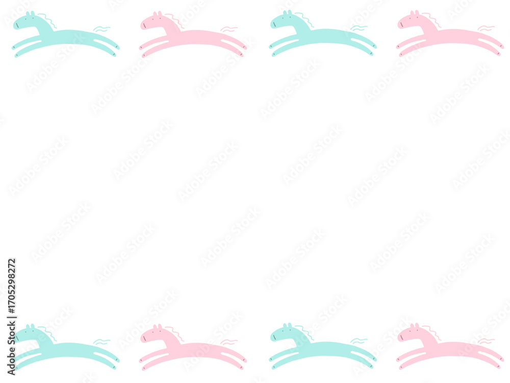 Obraz premium 手描きのかわいいパステルカラーの走る馬のガーリーなフレーム 2026 正月素材