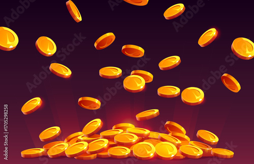 Falling gold coins, casino golden rain of money vector background. Cartoon jackpot or treasure golden coins flying and falling down on gold pile. Casino game, bonus, lottery win and wealth concept