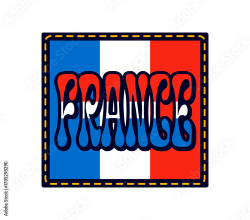 France flag vintage Y2K sticker or label. France travel souvenir 60s 70s vector patch, Europe country flag colors Y2K label. European nation tourism tag with thread seam and colorful typography