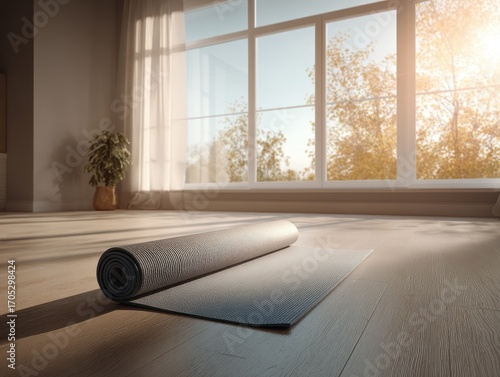 Grey yoga mat on wooden floor in bright room with large window, autumn trees, and morning sun.