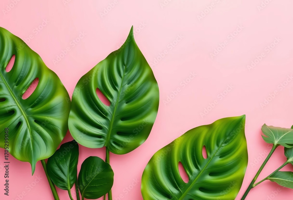 Fototapeta premium Vibrant monstera deliciosa leaves arranged on a pastel pink background , photo, green