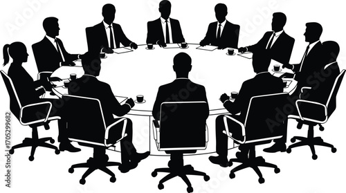 Silhouette of diverse business team sitting around conference table in office, teamwork, meeting discussion, collaboration, corporate strategy concept vector