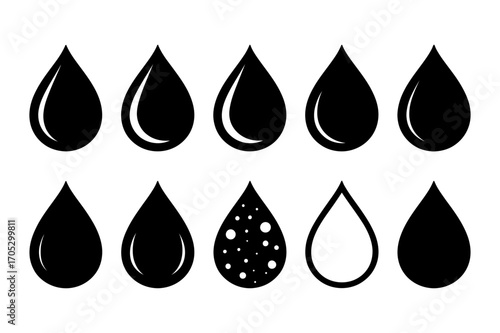 Collection of ten stylized black water droplets with varying internal designs and fill styles