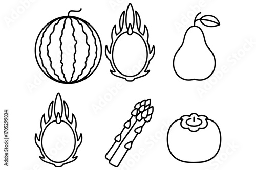 Illustration featuring a watermelon, dragon fruit, pear, asparagus, and persimmon outlines