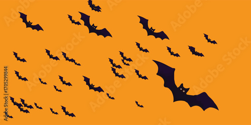 Many bats flying in a Halloween-themed orange background.