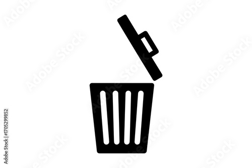 A simple black and white illustration of an open trash can with the lid slightly ajar icon