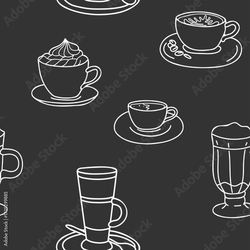 Coffee Seamless Pattern. White drawing on a black background. Cappuccino, Americano or Espresso, with whipped Cream, Latte, Irish or Iced Coffee cocktail. Doodle style. Ideal for cafe menu, wallpaper