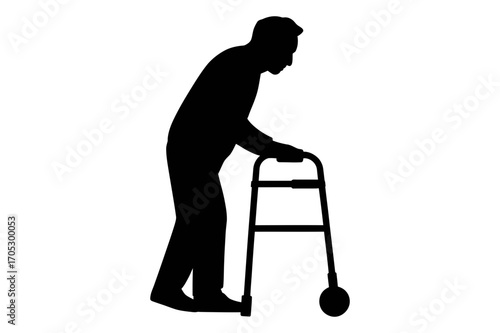 Silhouette of elderly man using a walker for support and mobility assistance on a white background