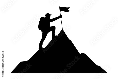 Silhouette of a man with a backpack reaching the summit of a mountain holding a flag high