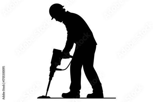 Silhouette of a construction worker operating a jackhammer on a construction site area below him