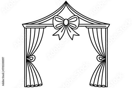 Illustration of a wedding archway with curtains and a bow in black and white outline style