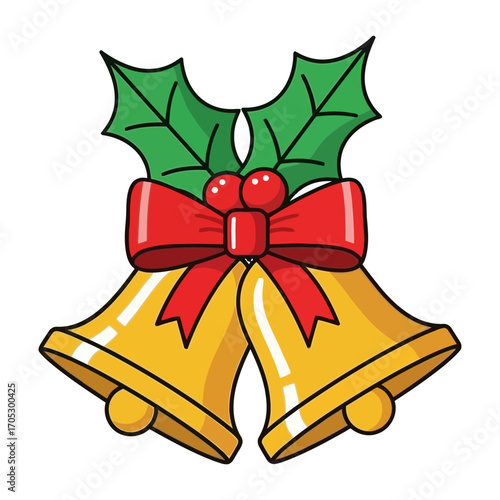 Festive Golden Bells with Holly and Red Bow.