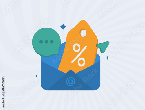 Promotion email campaign with discount tag emerging from envelope, email marketing discount offer driving sales. Limited-time e-mail deal and customer incentive vector illustration