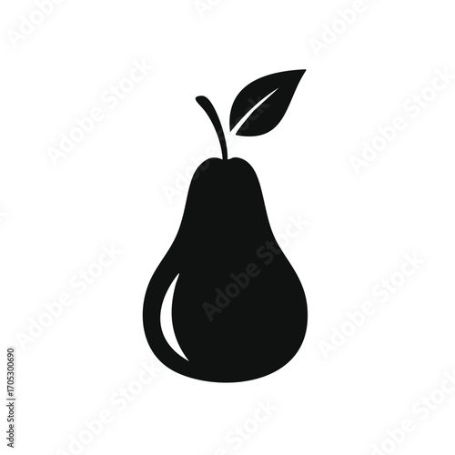Black silhouette of a pear with a leaf on white background