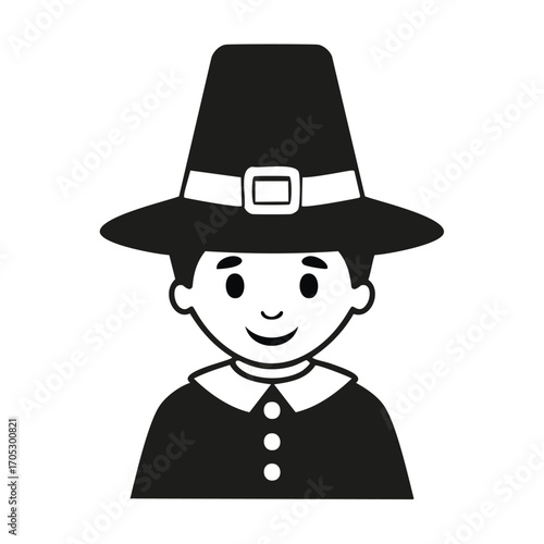 Black silhouette of a pilgrim boy with a hat Keywords: pilgrim, boy, child, historical, colonial