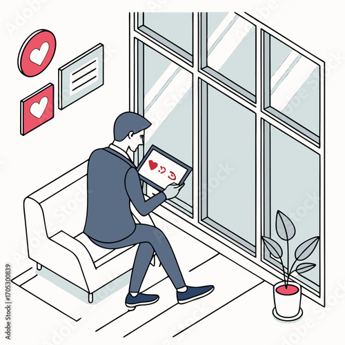 Modern vector illustration of a man sitting with a tablet, browsing online dating app with heart icons. Perfect for love, relationship, dating apps, social media, romance, and communication concepts.