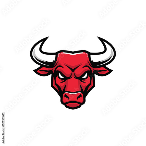 Stylized red bull head mascot emblem representing formidable strength and power. A fierce animal vector graphic icon