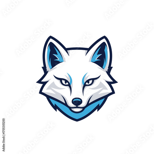 Vector illustration of an arctic fox head with intense blue eyes and sharp features on a white background