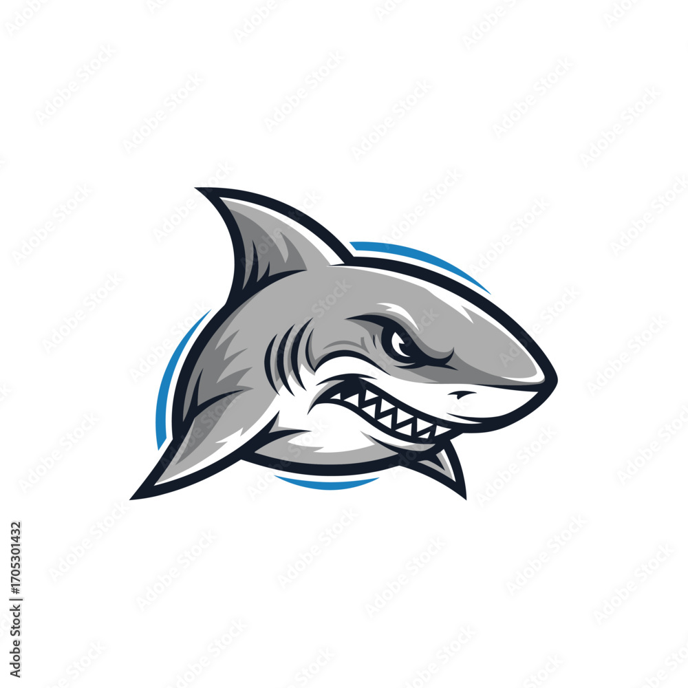Obraz premium Aggressive shark character vector graphic, designed as a fierce mascot for sports or esports teams, isolated on a white background